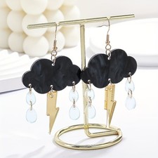 Black Cloud Lightning Bolt Raindrop Dangle Earrings Gold Tone Acrylic Stormy