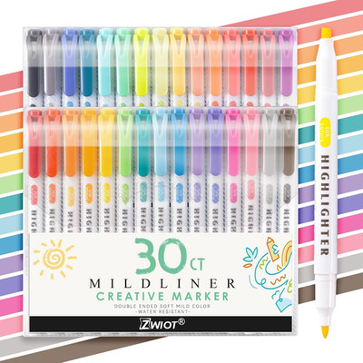 30 Count Dual-Tip Highlighters, 30 Pastel Colors Fine & Bold Tip, Quick-Dry Non-