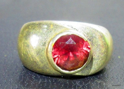 Vintage MCM Heavy Signed Sterling Silver 18g Red Ruby Glass Dome Ring Size 7