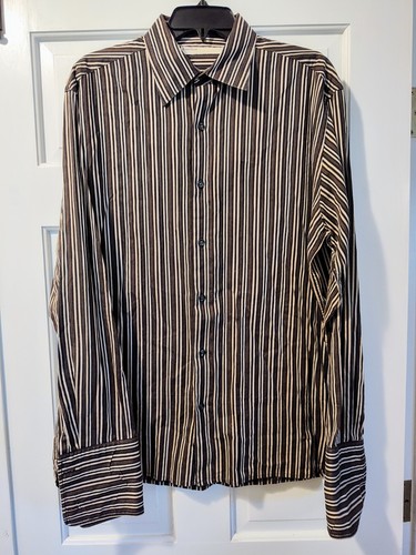 Perry Ellis Men's L Black Brown Striped Long Sleeve Dress Shirt Button Front - Picture 17 of 17