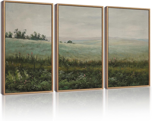 Retro Landscape Framed Wall Art Green Grassland Classic Vintage Farmhouse Paints - Picture 10 of 12