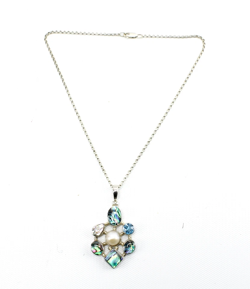 Freeform Abalone & Pearl Sterling Silver Pendant & Chain Necklace - Image 2 of 4