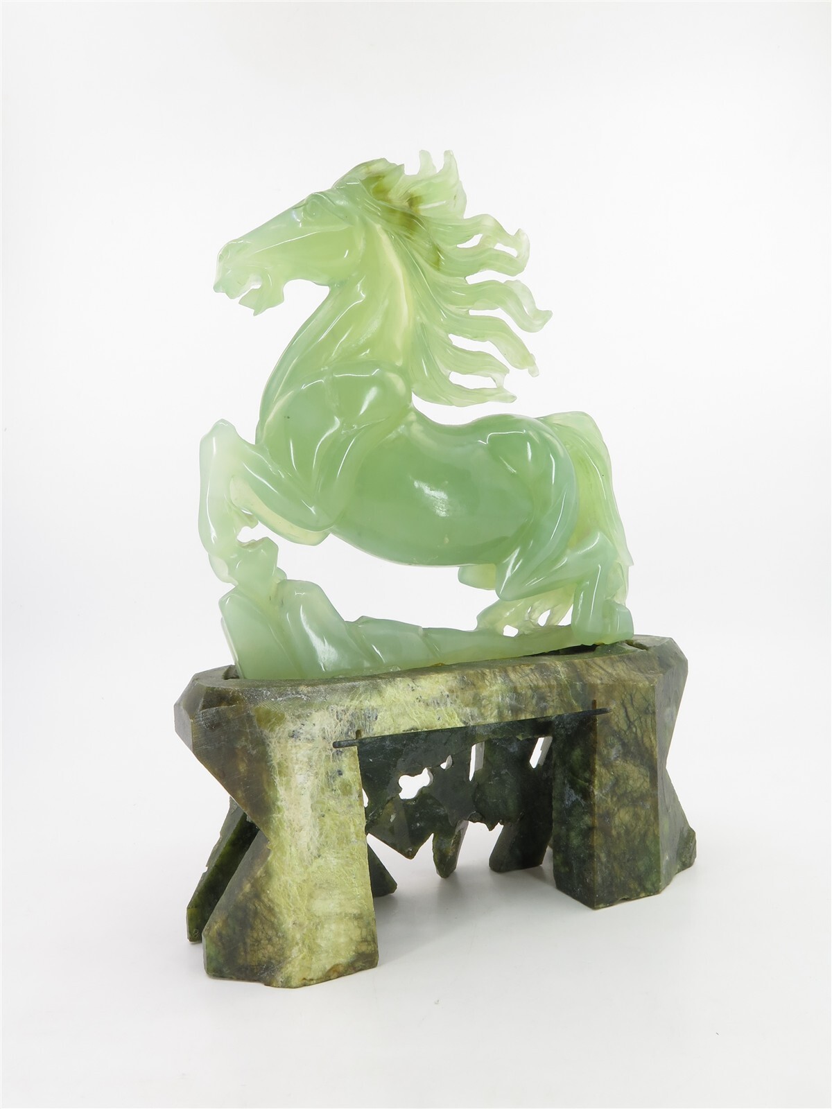 Chinese Translucent Xiu Jade Horse atop Stone Carved Base 9.25" Tall x 6.25"