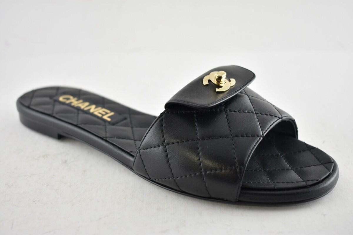 Chanel REV Black Turnlock Quilted Gold CC Logo Mules Slide