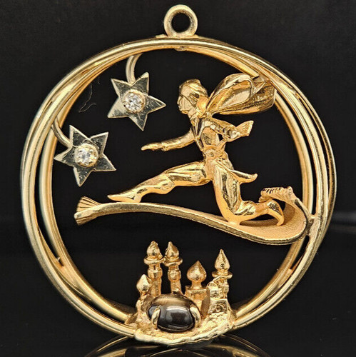 14K Gold ALADDIN MAGIC FLYING CARPET AGRABAH DIAMOND STAR SAPPHIRE Pendant