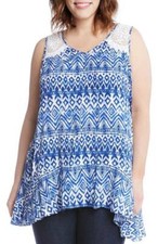 Karen Kane Women's Plus Size 2X Ikat Lace Yoke Sleeveless Tunic Top Blue NWT