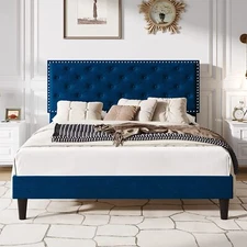 Full Size Bed Frame with Adjustable Diamond Button Tufted Headboard, Blue
