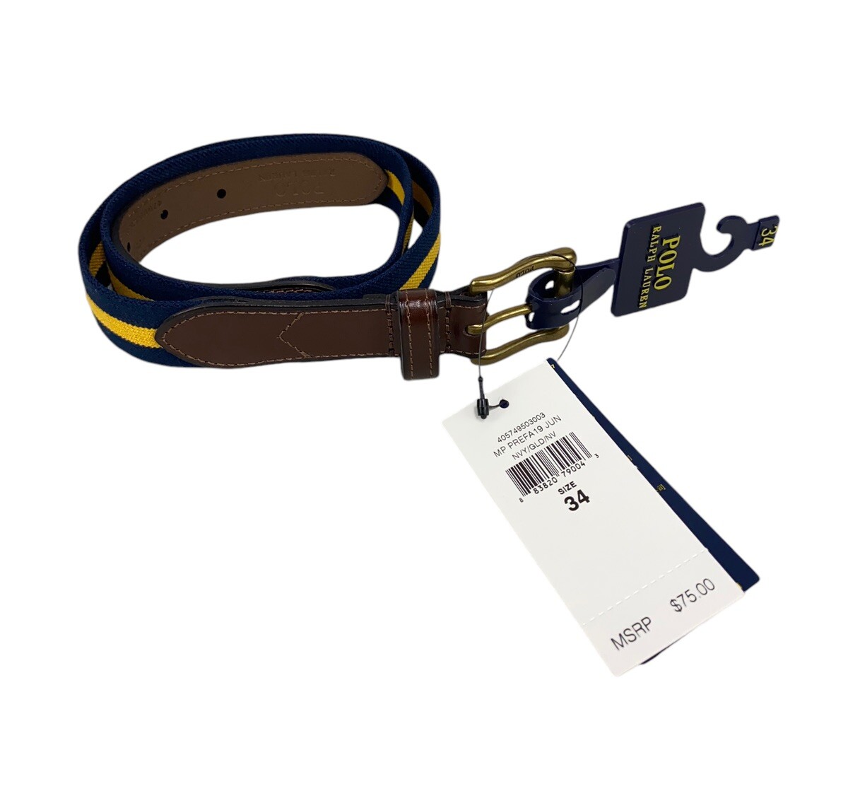 Новое мужское поло Polo Ralph Lauren в полоску темно-синего цвета с золотым поясом из латуни, размер 34