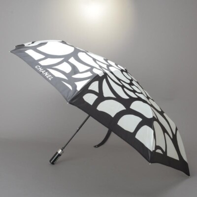 CHANEL傘 Chanel Umbrella Folding One-push open Black White Polyester