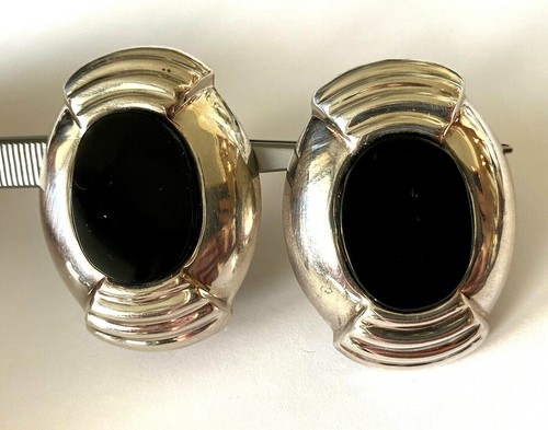 Designer Zina 925 Modernist Oval Black Onyx Large Bold Ladies Clip-On Earrings - Picture 3 of 12