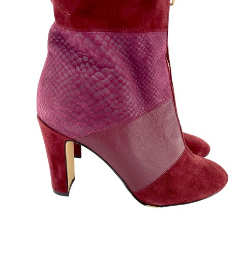 Anne Klein Jaffa Suede Bootie Burgundy Snake Print Heel Gold Zipper SZ 7.5 SH16 - Picture 7 of 11