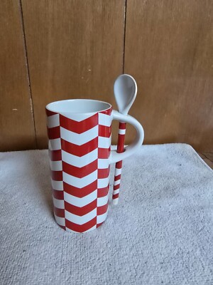 Starbucks Christmas Ceramic Slim Coffee Cup 8oz Red White Chevron W/ Spoon