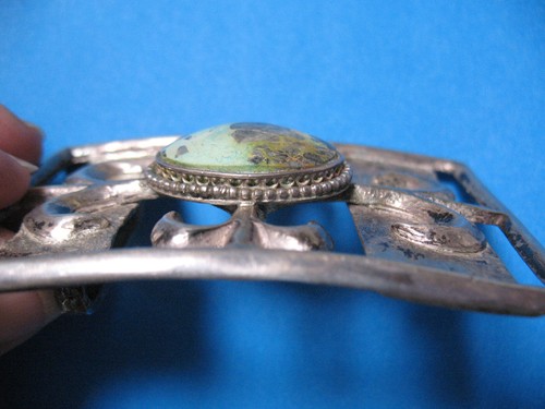 W@W! Large Sandcast Sterling Silver Buckle w/Oval Bisby Cerillos Turquoise Pawn - Picture 8 of 18