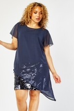 New Navy SPARKLY SEQUIN Chiffon Overlay layered PARTY Evening Dress Size 20-22