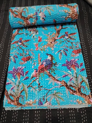Turquoise Bird Print Queen Cotton Kantha Quilt Throw Blanket Bedspread Indian - Picture 1 of 5