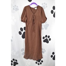 Socialite Short Puff Sleeve Tie V Neck Back Zipper Midi Dress Copper Brown Large