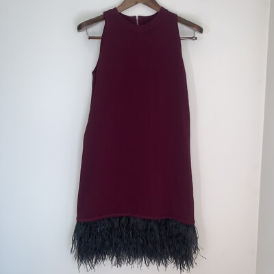 Milly Cocktail Dress Womens Small Burgundy Ostrich Feather Trim Elegant  Luxury