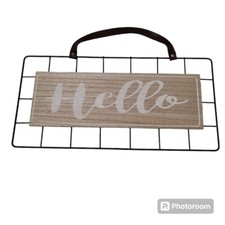 Hello Wood Sign Black Metal Grid Frame Wall Decor Farmhouse Cottagecore Hanging