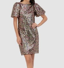 Eliza J Women's Gold Sequined Puff-Sleeve Shift Dress Size 10