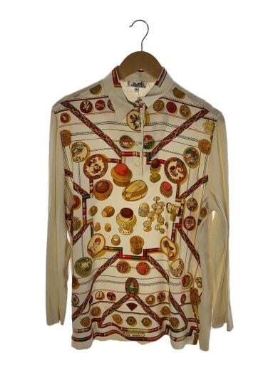 Vintage 90s Hermes Silk Knit Long Sleeve Blouse Beige All-Over Print Japan RIN