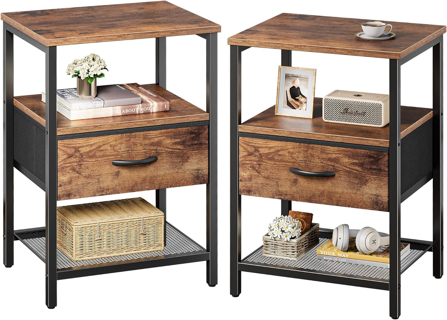 Nightstand Set of 2 with Fabric Drawer and Mesh Shelf, Modern Side Table for Bedroom-image