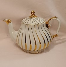 Vintage Sadler Teapot Art Deco Style White Gold Gilt Stripe English China VGC