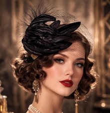 Vintage 1920 Faux Feather Satin And Felt Fascinator Side Band Hat With Netting