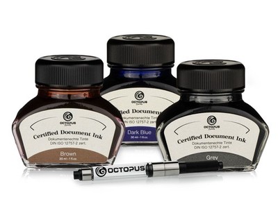 3 x 30 ml dokumentenechte Tinte mit Konverter, Brown, Dark Blue, Grey
