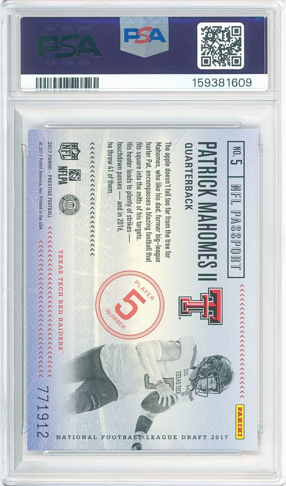 2017 Panini Prestige PATRICK MAHOMES II #5 NFL Passport Rc 💎 PSA 8 NM/Mint view 2
