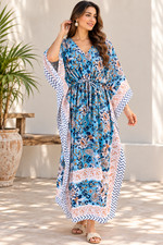 Women Blue Floral Kaftan Maxi Dress Boho Beach Cover Up Night Cotton Dress