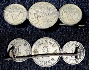 ICELAND "Mother" Brooch on Iceland Coins 1940's  WWII Issue   (29 007)