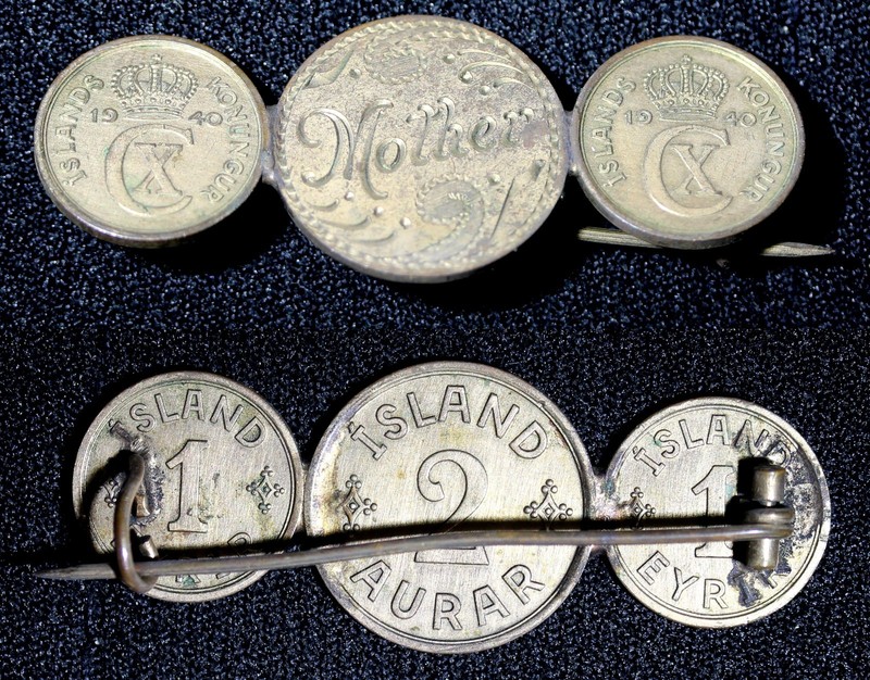 ICELAND "Mother" Brooch on Iceland Coins 1940's  WWII Issue   (29 007)
