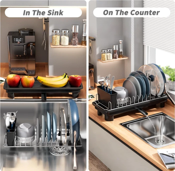 Escurridor de Platos Pequeño con Porta Utensilios y Base Antirayaduras Negro Foto 2 de 4