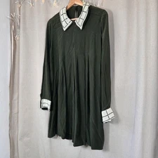 Silk Olive Shift Mini w/ Check Peter Pan Collar & Cuffs | English Ivy–Inspired