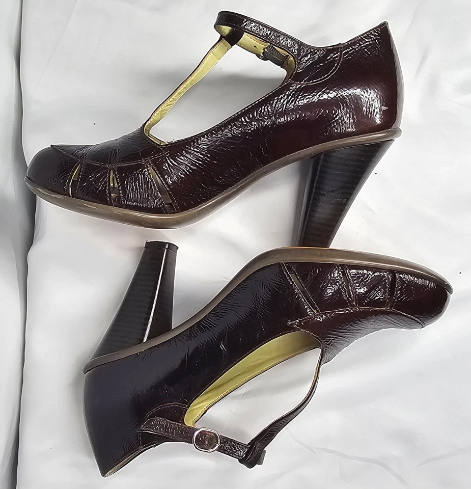 You by Crocs женщин 8 коричневый лакированная кожа T-ремень Mary Jane каблуки ретро Италии - Изображение 3 из 4