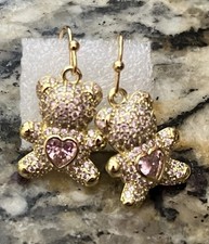 Gold Plated Teddy Bear Heart Drop Dangle Earrings with Cubic Zirconia for Women