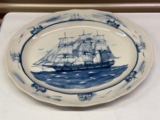Vintage Oxney Green Nautical White Blue 17" Oval Serving Platter Dish Tray