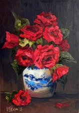 Original Oil Painting Red Roses Vintage Vase Flowers Still life Signed Art
