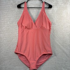 Lands' End Women's Ribbed V-Neck One Piece Swimsuit Pink Coral Size XL 18 New