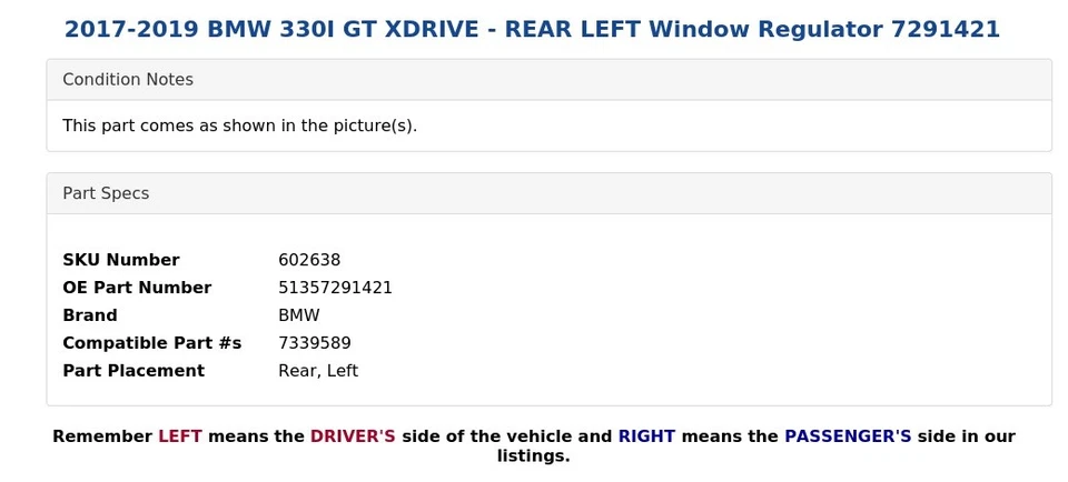 BMW 330I GT XDRIVE 2017-2019 - regulador de ventana trasero izquierdo 7291421 Foto 3 de 4