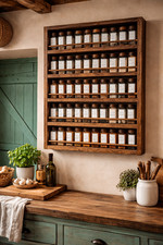 Apothecary Style Solid Hardwood Spice Rack with Glass Jars & Labels | Wall Mount
