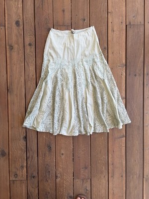 Vintage April Cornell Sage Green Lace Panel Boho Prairie Midi Skirt Womens S