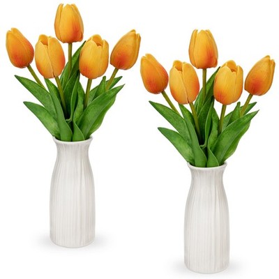 2 Packs Artificial Tulips with Ceramic Vase Orange Real Touch Flower Arrangement