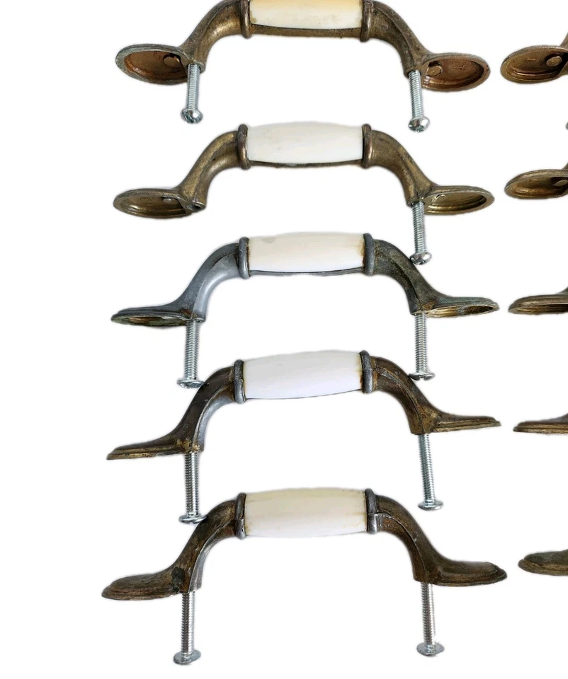 Vintage Brass & White Ceramic Drawer Pulls 3" Center Cabinet Handles Lot of 10 - Image 2 of 4