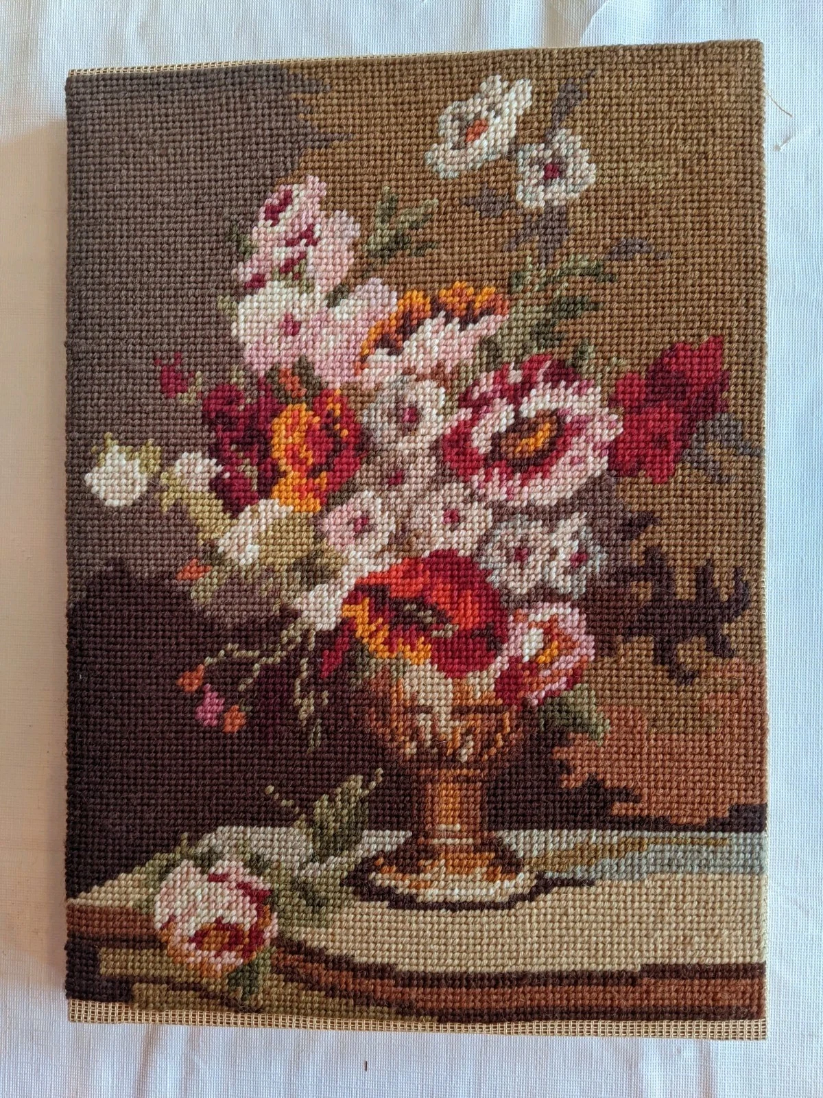 Needlepoint Flower Vase Picture Unframed 10"x14" Floral