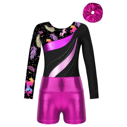 Girls Dancewear Bodysuit Outfits 3pcs Dance Set Skating Headwear Round Neck - Picture 5 of 52
