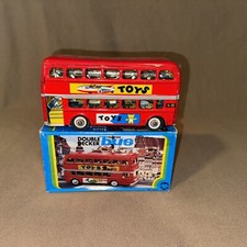 Vintage Double Decker Friction Powered Tin Toy Bus Metal Red MF-844 1980s