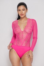 V Neck Lace Front Blue Pink Long Sleeve Sheer Back Snap Crotch Bodysuit S M L