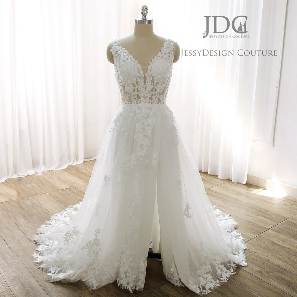 Vestido de novia de encaje con hojas vestido de novia hecho a medida corsé correas abertura rubor nuevo Foto 3 de 4