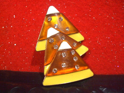 Vintage Halloween Candy Corn Trio W/ Rhinestones Gold Tone Brooch Pin 2''